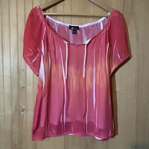 AB Studio Blouse Shirt Womens Large Sheer Relax Striped Red White Orange